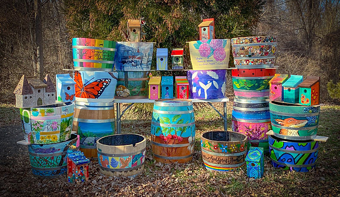 Birdhouses and Barrels for auction
